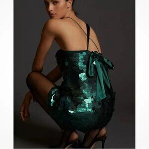NWT Anthropologie Maeve Small Green Sequin Bow Tie Mini Dress Party Holiday